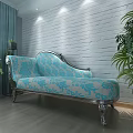 Light Blue Floral Sofa With Silver Frame White Brick Wall Green Plants And Wooden Floor