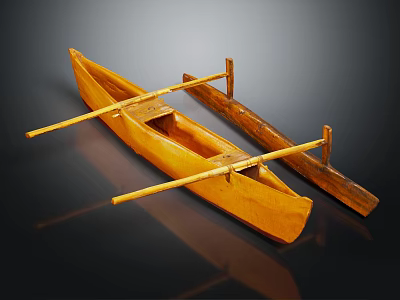 Yellow Wooden Boat With Wooden Oars On Black Background And Reflection 3d model