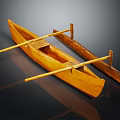 Yellow Wooden Boat With Wooden Oars On Black Background And Reflection