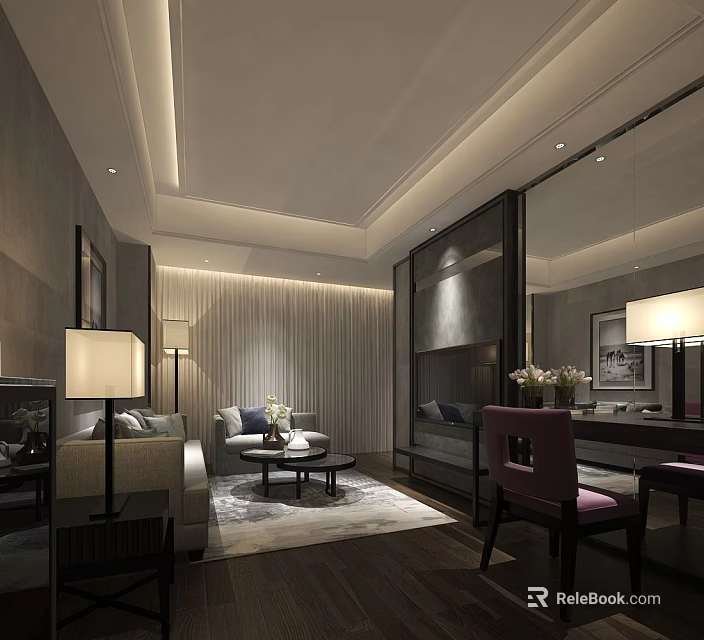 Elegant Modern Living Room Interior With Sofa Coffee Table Rug And Floor Lamp 3d model 