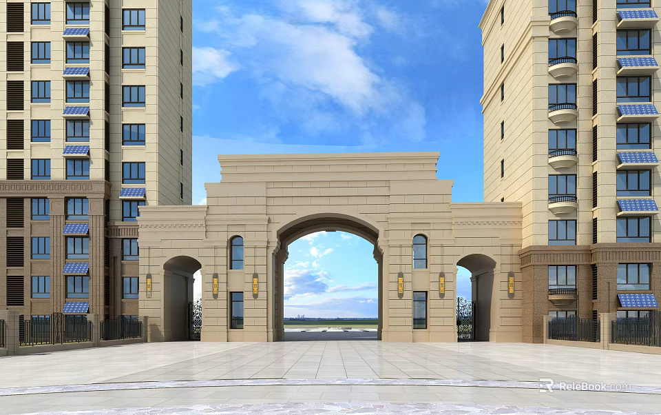 Classical Arched Stone Entrance Gate With High Rise Buildings And Spacious Plaza 3d model 
