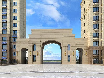Classical Arched Stone Entrance Gate With High Rise Buildings And Spacious Plaza 3d model