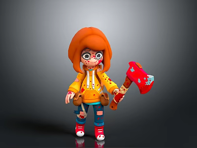 Cartoon Style Character With Orange Hair Yellow Hoodie Red Axe And Red Shoes 3d model