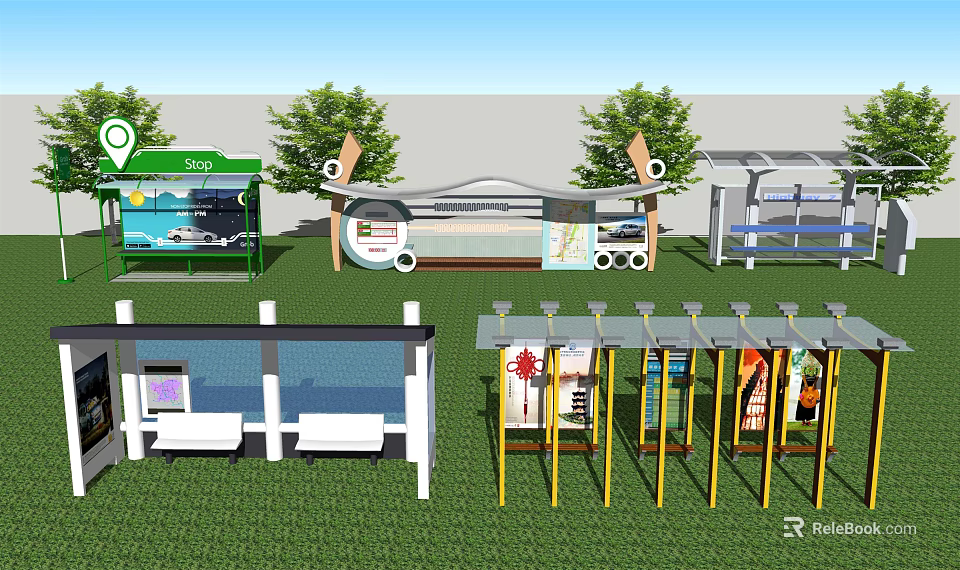 Contemporary Bus Station Featuring Billboards Benches Green Plants And Information Boards 3d model 