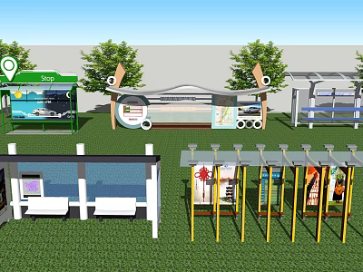 Contemporary Bus Station Featuring Billboards Benches Green Plants And Information Boards 3d model