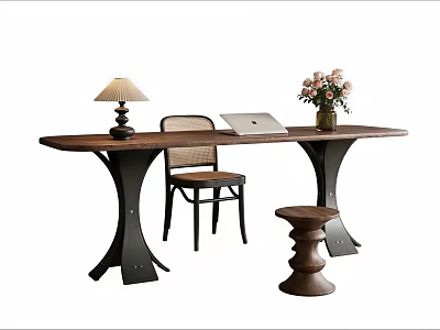 Wooden Table And Chair Combination With Lamp Laptop Flowers And Stool For Modern Home 3d model