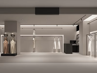 Modern Clothing Store With Spacious Bright Interior White Beige Dresses Mannequins And Black Counter 3d model