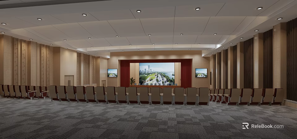 Modern Conference Room Interior With Large Screen Seats Carpet And Ceiling Lights 3d model 