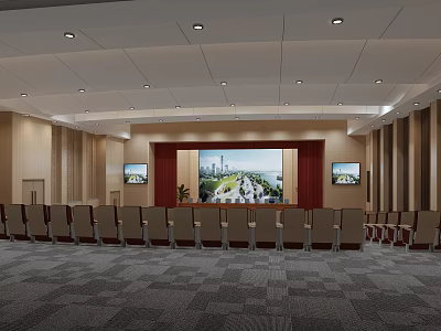Modern Conference Room Interior With Large Screen Seats Carpet And Ceiling Lights 3d model