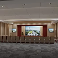 Modern Conference Room Interior With Large Screen Seats Carpet And Ceiling Lights