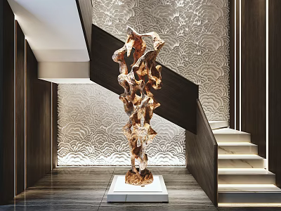 Ornamental Decorative Sculpture Set in Modern Interior with Staircase and Textured Wall 3d model