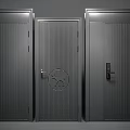 Three Dark Colored Security Doors With Vertical Stripe Design Emblem In Middle And Locks 3d model