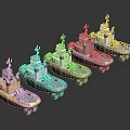 Multiple Different Colored Toy Tugboat Models As Water Transport Displays