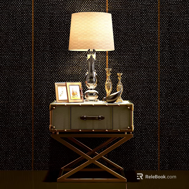 Elegant Bedside Table Design With Table Lamp Photo Frames And Metal X Legs 3d model 