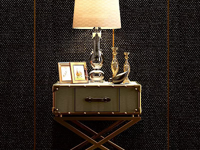 Elegant Bedside Table Design With Table Lamp Photo Frames And Metal X Legs 3d model