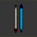 Two Red And Blue Narrowboats With Windows On Calm Water Surface