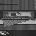Modern Black Double Bed with Pillows Blanket Green Plant and Floor Lamp
