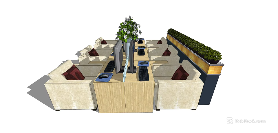 Functional Desk In Modern Lounge With Beige Sofas Red Cushions Computer Setup And Green Plants 3d model 