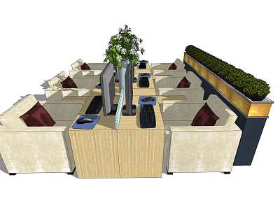 Functional Desk In Modern Lounge With Beige Sofas Red Cushions Computer Setup And Green Plants 3d model