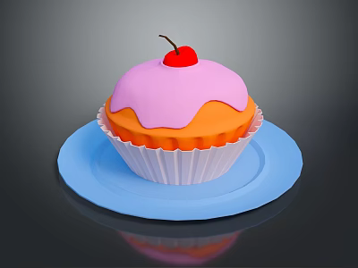 Delicious Cupcake With Pink Frosting Cherry On Top Served On Blue Plate 3d model