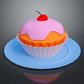 Delicious Cupcake With Pink Frosting Cherry On Top Served On Blue Plate