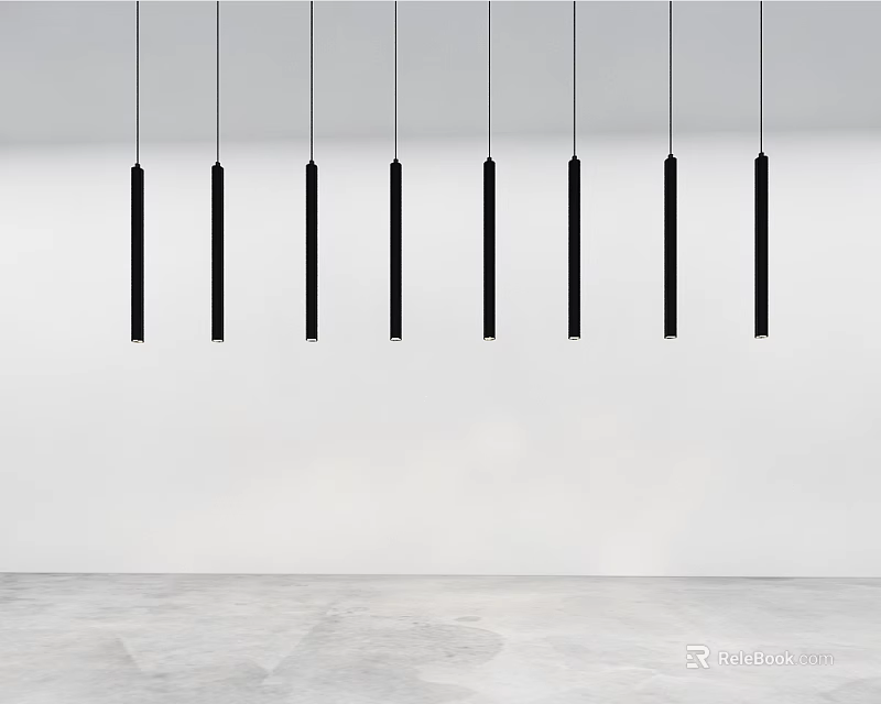 Modern Black Linear Chandeliers Hanging In Minimalist Interior With White Wall And Gray Floor 3d model 