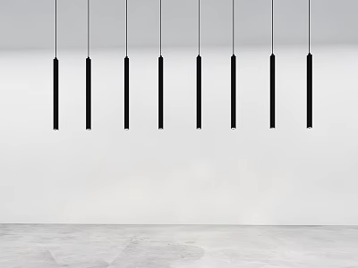 Modern Black Linear Chandeliers Hanging In Minimalist Interior With White Wall And Gray Floor 3d model