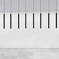 Modern Black Linear Chandeliers Hanging In Minimalist Interior With White Wall And Gray Floor