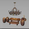 Vintage Rustic Furniture Collection With Wooden Barrels Table Bench And Hanging Chandelier