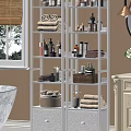 White Bathroom Shelving Unit With Towels Toiletries And Storage Baskets