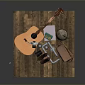 Daily Life Items Including Guitar Camera Suitcase And Boots On Wooden Floor