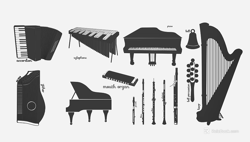 Black And White Silhouette Collection Of Various Musical Instruments Including Piano Harp Flute And Mandolin 3d model 