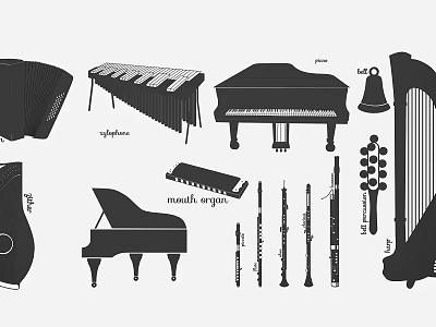 Black And White Silhouette Collection Of Various Musical Instruments Including Piano Harp Flute And Mandolin 3d model