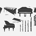 Black And White Silhouette Collection Of Various Musical Instruments Including Piano Harp Flute And Mandolin