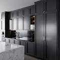 Modern Kitchen Interior With Dark Gray Cabinets White Island Black Marble Backsplash And Wine Rack