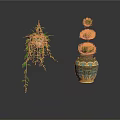Hanging Vine Plant With Green Leaves And Three Tiered Spherical Topiary In Patterned Ceramic Pot