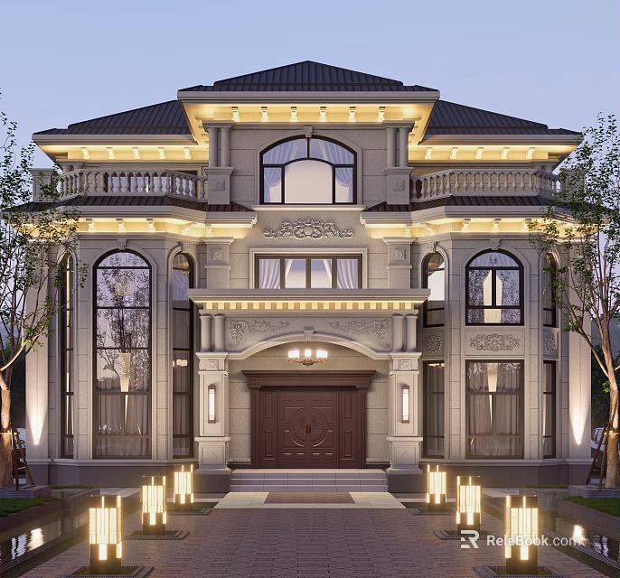 Elegant Detached Villa Exterior Featuring European Style Arched Windows Carved Decorations And Symmetrical Design 3d model 