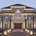Elegant Detached Villa Exterior Featuring European Style Arched Windows Carved Decorations And Symmetrical Design