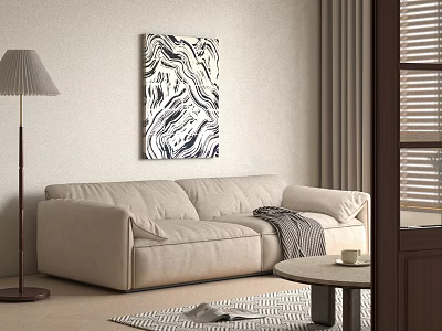 Soft Beige Two-seater Sofa With Floor Lamp Marble Painting Round Table And Rug 3d model