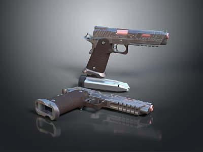 Two Modern Tactical Pistols With Wooden Grips Metal Frames Red Accents And Magazine Attachments 3d model