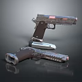 Two Modern Tactical Pistols With Wooden Grips Metal Frames Red Accents And Magazine Attachments