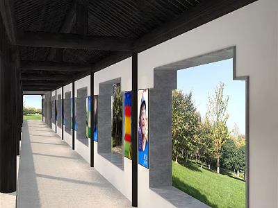 Elevator Hallway With Colorful Paintings Portrait Photos And Green Outdoor View Through Windows 3d model