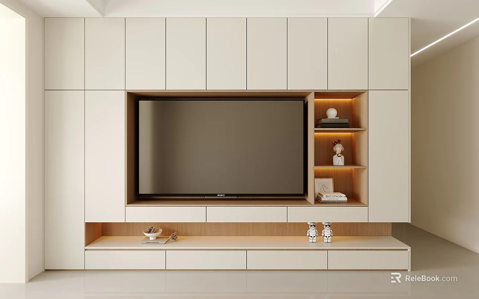 Modern Minimalist TV Wall Unit With White Cabinets Open Shelves And Decorative Lighting 3d model 