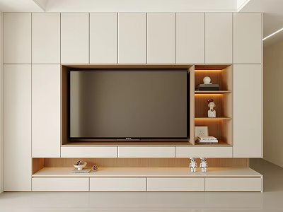 Modern Minimalist TV Wall Unit With White Cabinets Open Shelves And Decorative Lighting 3d model