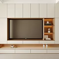 Modern Minimalist TV Wall Unit With White Cabinets Open Shelves And Decorative Lighting