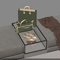 Elegant Green Handbag on Clear Glass Tray with Gold Shoes Brown Scarf and Gray Sofa