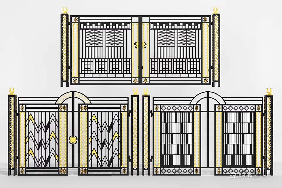 Wrought Iron Entrance Gate Design With Gold Black Geometric Patterns And Arched Top 3d model 