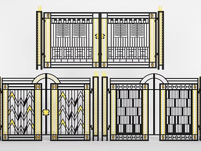 Wrought Iron Entrance Gate Design With Gold Black Geometric Patterns And Arched Top 3d model