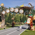 Forest Zoo Garden Landscape With Animal Decorations Trees Path And People Walking