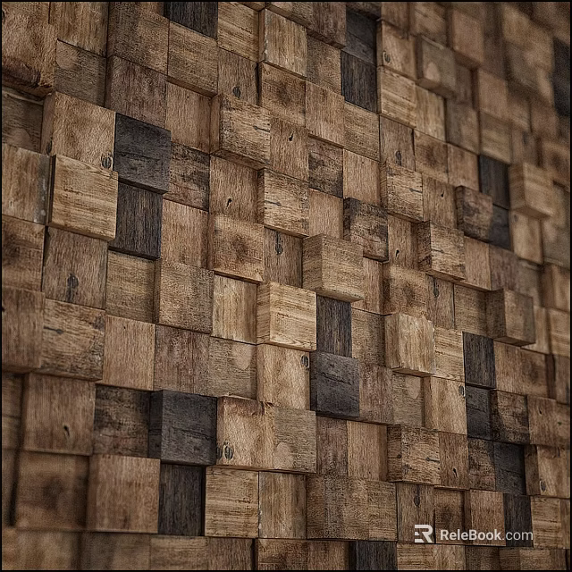 Natural Rustic Wooden Decorative Wall With Mixed Wood Blocks For Home Interior 3d model 